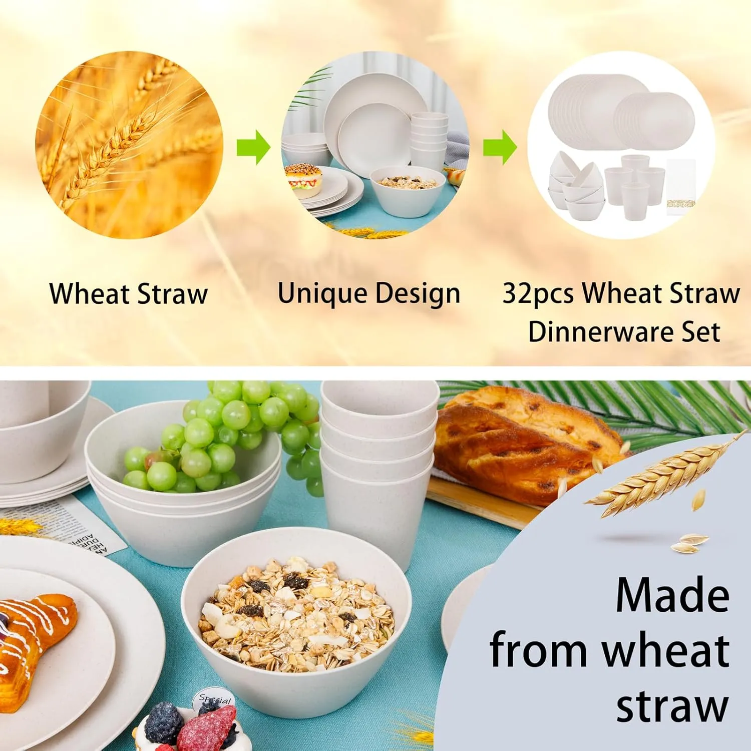 Supernal 32pcs Wheat Straw Dinnerware Sets with 25pcs Gold Napkins,Plates and Bowls Sets,Beige Plastic Dinnerware Sets Dish Set for 8,Microwave Dishwasher Safe Plates for Halloween Thanksgiving