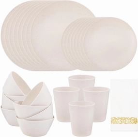Supernal 32pcs Wheat Straw Dinnerware Sets with 25pcs Gold Napkins,Plates and Bowls Sets,Beige Plastic Dinnerware Sets Dish Set for 8,Microwave Dishwasher Safe Plates for Halloween Thanksgiving