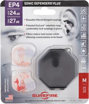 SureFire EP4 Sonic Defenders Plus filtered Earplugs, triple flanged design, reusable, Clear, Medium