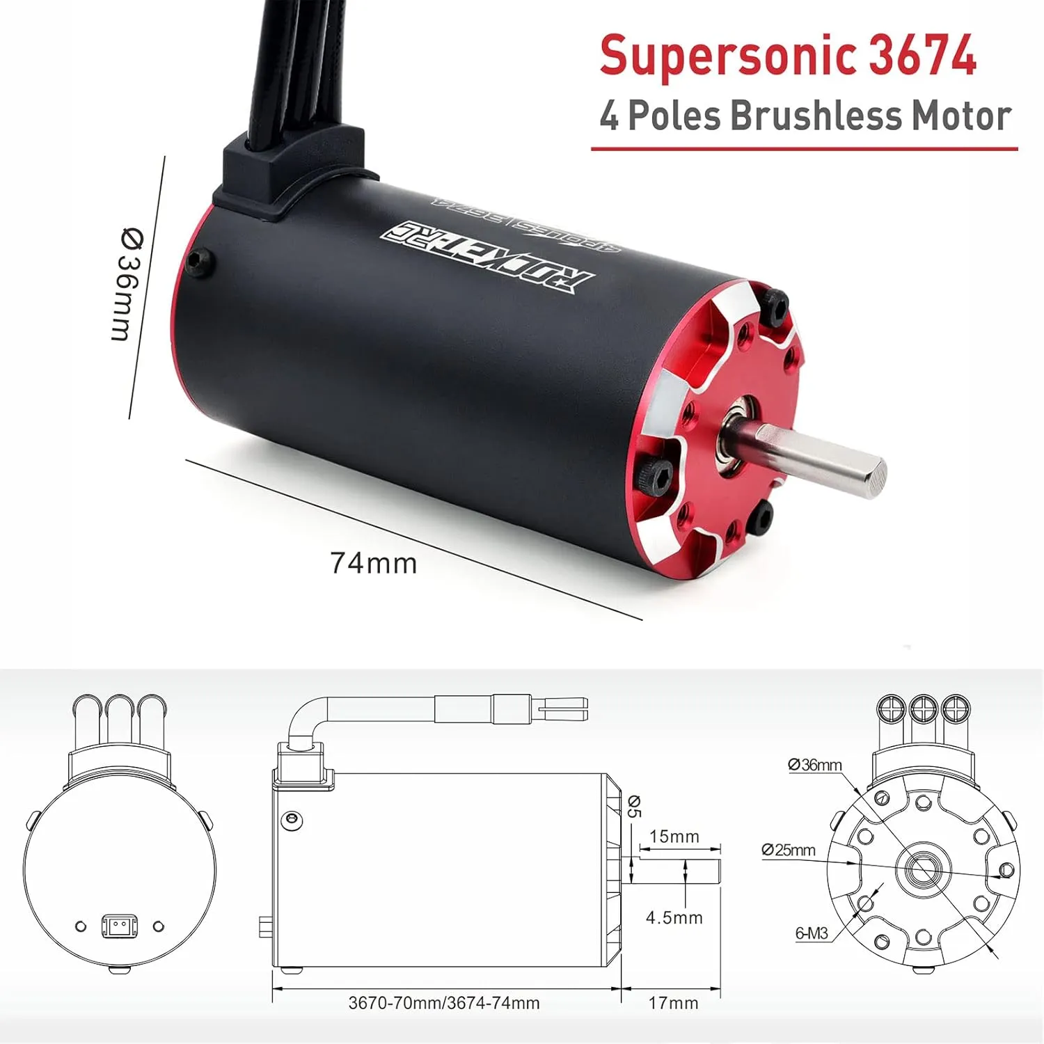 Surpass Hobby Supersonic 3674 2150 KV Sensored Brushless Motor 4 Pole Temperature Resistant Brushless Sensor Motor for 1/10 RC Racing Car
