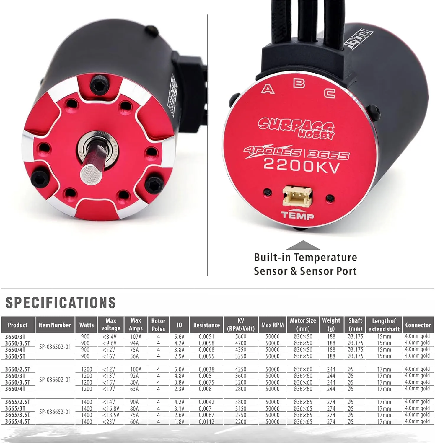 Surpass RC Brushless Supersonic Motor 3665 2200kv, 4 Poles and Built in Temperature Sensor Motor and Sensor Port for 1/10 RC Car Vehicle