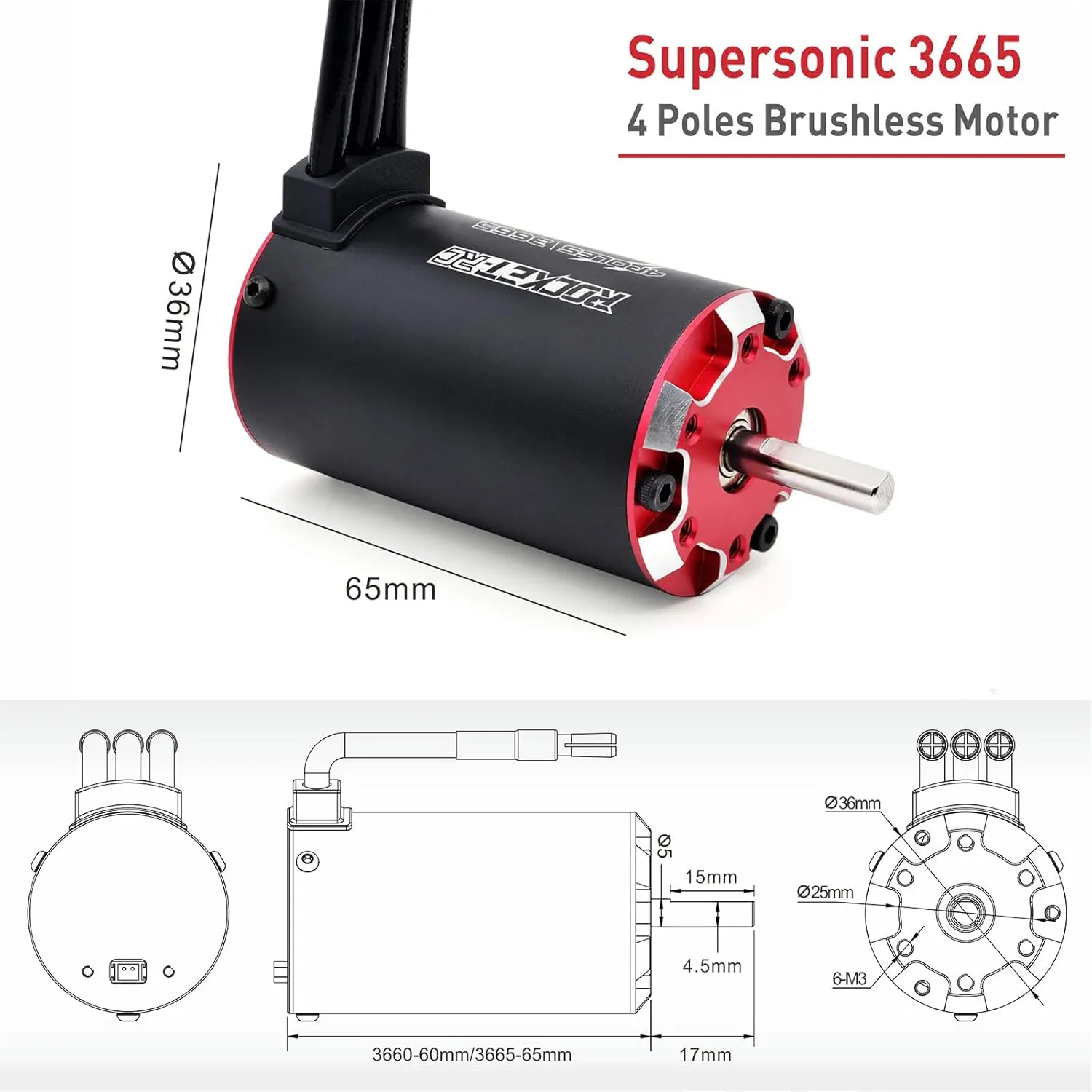 Surpass RC Brushless Supersonic Motor 3665 2200kv, 4 Poles and Built in Temperature Sensor Motor and Sensor Port for 1/10 RC Car Vehicle