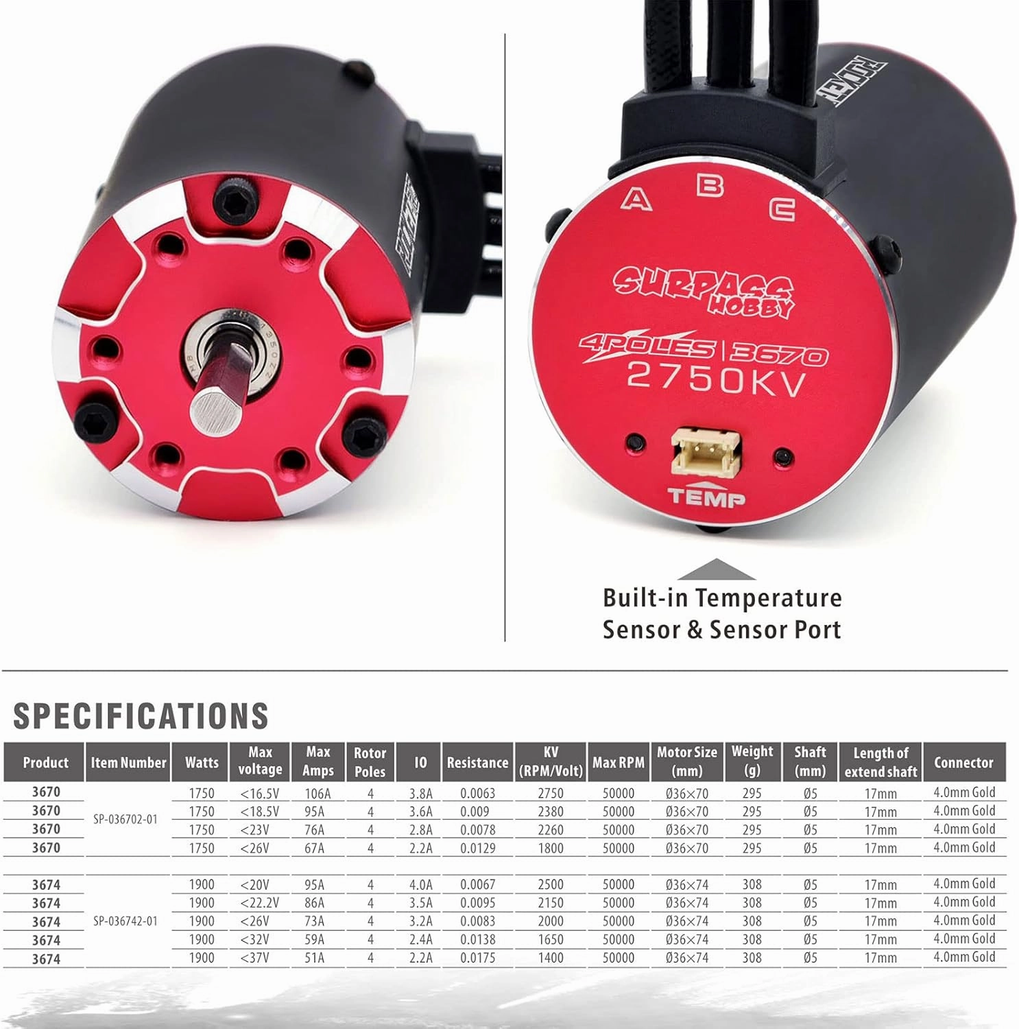 Surpass Hobby Supersonic 3670 2750KV Sensored Brushless Motor 4 Pole Temperature Resistant Brushless Sensor Motor for 1/10 RC Racing Car