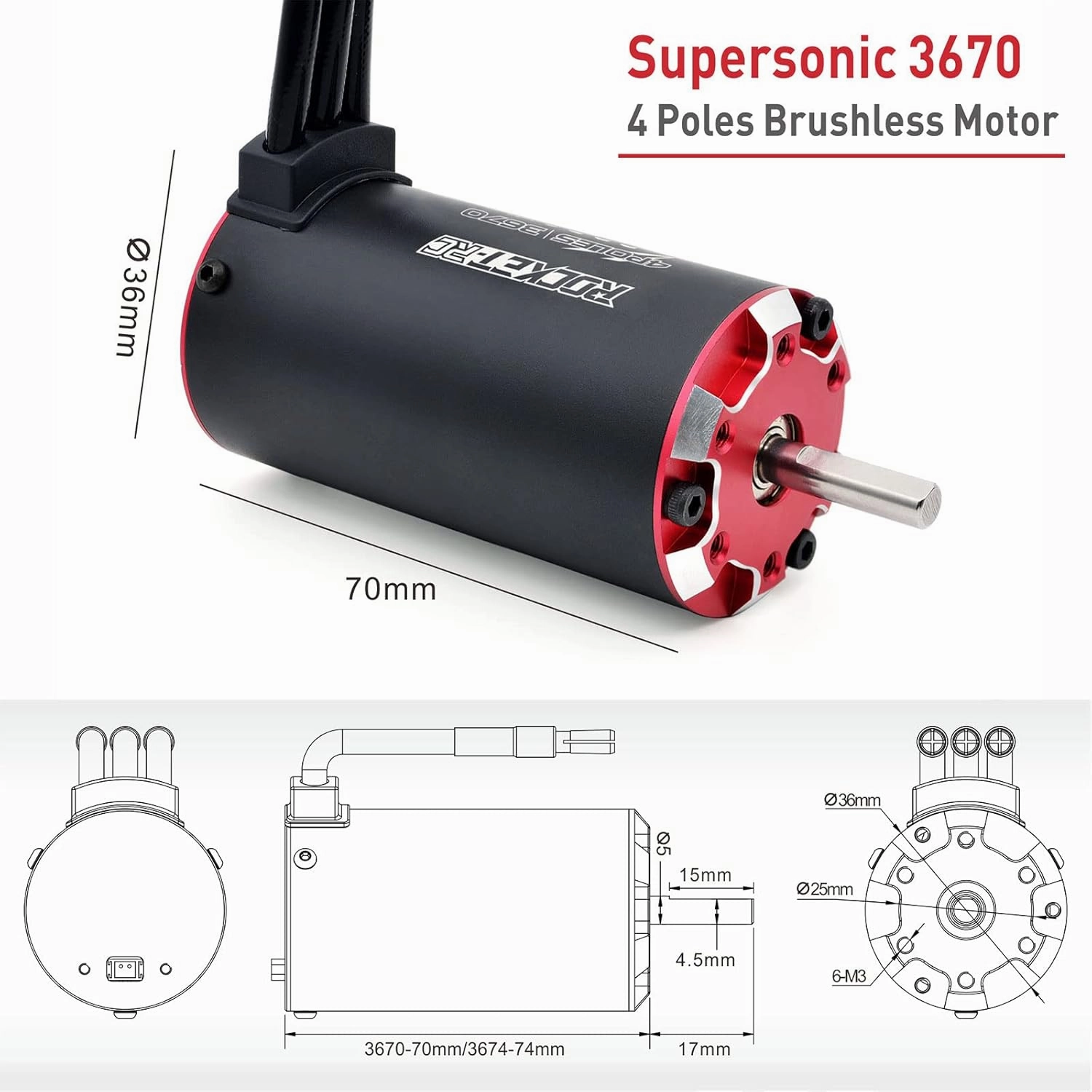 Surpass Hobby Supersonic 3670 2750KV Sensored Brushless Motor 4 Pole Temperature Resistant Brushless Sensor Motor for 1/10 RC Racing Car