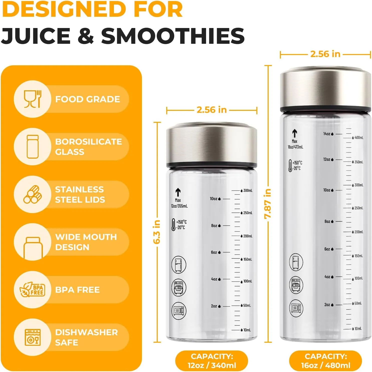 Sursip 16 oz Glass Juice Bottles – 4 Pack Wide Mouth Borosilicate Glass Bottles with Lids – Heat-Resistant, BPA Free, Leakproof & Reusable for Juicing, Smoothies, Milk, Protein, Water