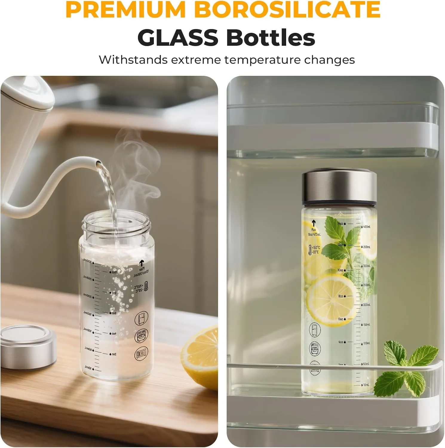 Sursip 16 oz Glass Juice Bottles – 4 Pack Wide Mouth Borosilicate Glass Bottles with Lids – Heat-Resistant, BPA Free, Leakproof & Reusable for Juicing, Smoothies, Milk, Protein, Water