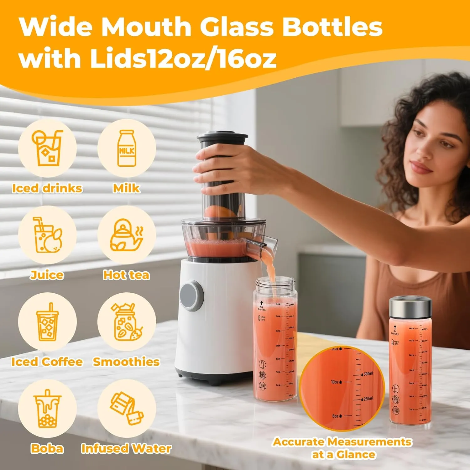 Sursip 16 oz Glass Juice Bottles – 4 Pack Wide Mouth Borosilicate Glass Bottles with Lids – Heat-Resistant, BPA Free, Leakproof & Reusable for Juicing, Smoothies, Milk, Protein, Water
