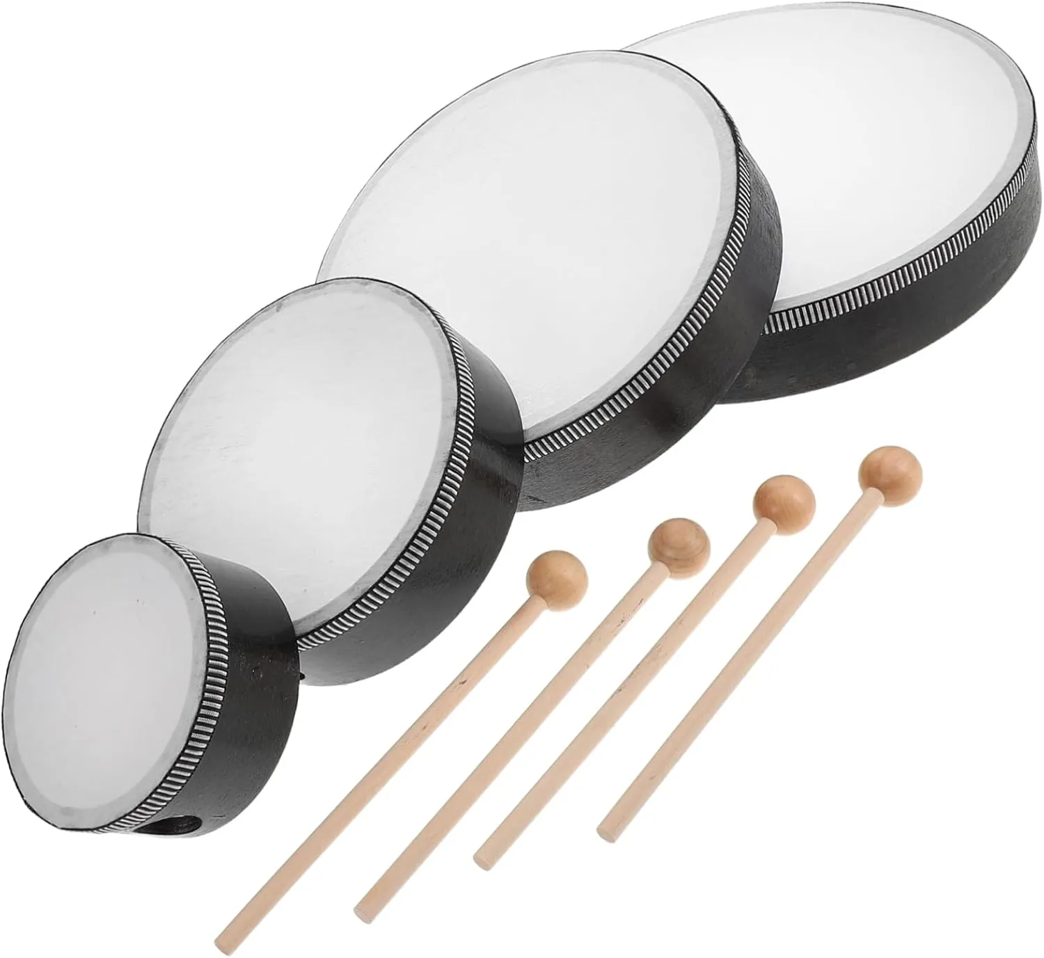 Tambourine Set for Kids 4 Sizes Drums (4in 6in 8in 10in) with Drum Mallets Hand Held Percussion Musical Maracas for Teen Band Practice Sessions