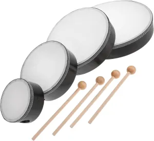 Tambourine Set for Kids 4 Sizes Drums (4in 6in 8in 10in) with Drum Mallets Hand Held Percussion Musical Maracas for Teen Band Practice Sessions