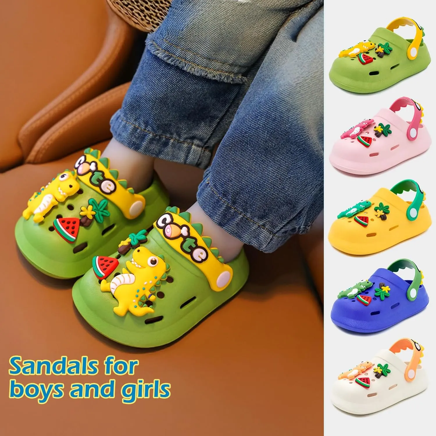 techcity Kids Dinosaur Garden Shoes Cute Cartoon Sandals Clogs Toddler Beach Pool Water Shoes Summer Slides for Boys Girls
