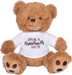 TeesAndTankYou Someone in Massachusetts Loves Me Bear: 8 Inch Brown Teddy Bear Stuffed Animal with White Shirt