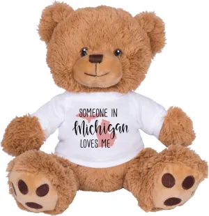 TeesAndTankYou Someone in Michigan Loves Me Bear: 8 Inch Brown Teddy Bear Stuffed Animal with White Shirt