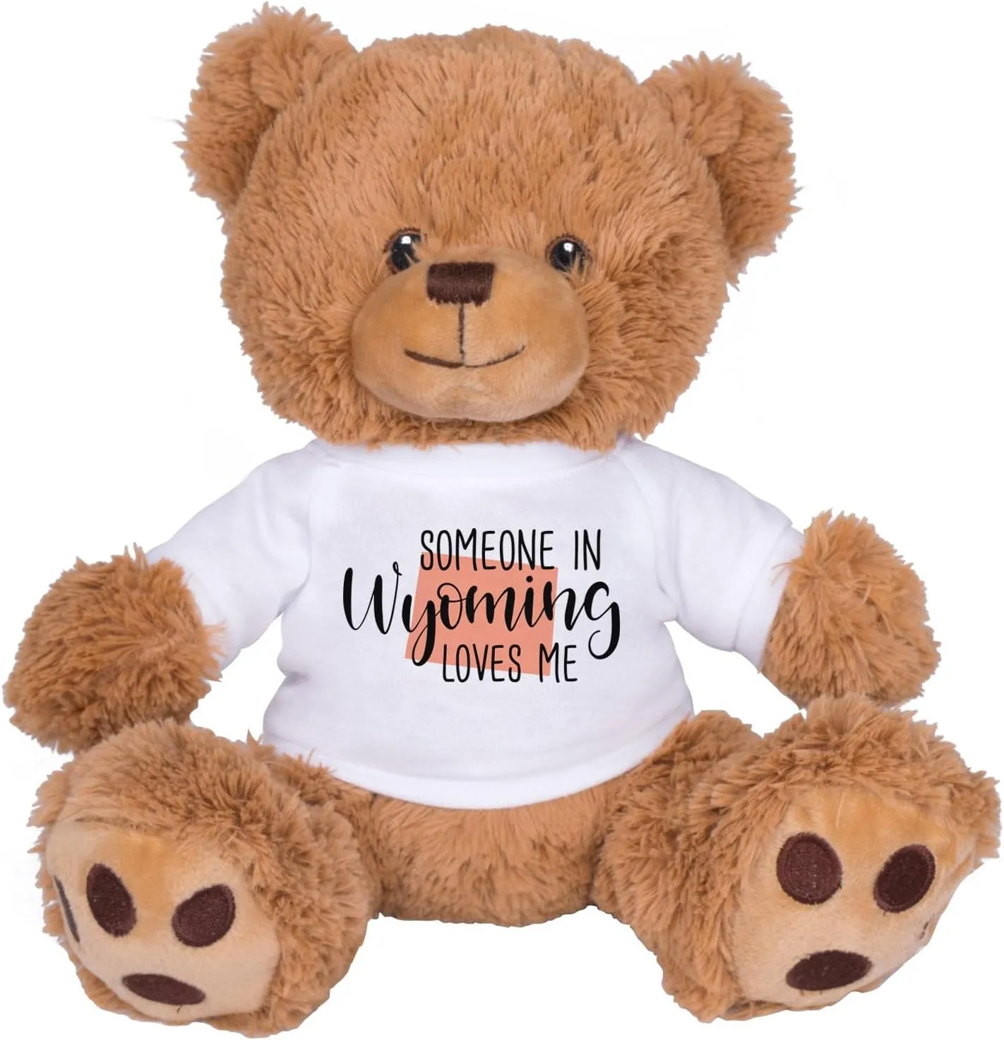 TeesAndTankYou Someone in Wyoming Loves Me Bear: 8 Inch Brown Teddy Bear Stuffed Animal with White Shirt