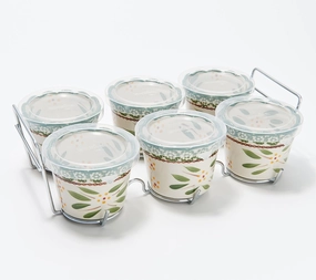 Temp-tations 7Pc Garden to Table Ramekins with Wire Rack & Plastic Covers, Mini Bakers/Single Serving (Old World Green)