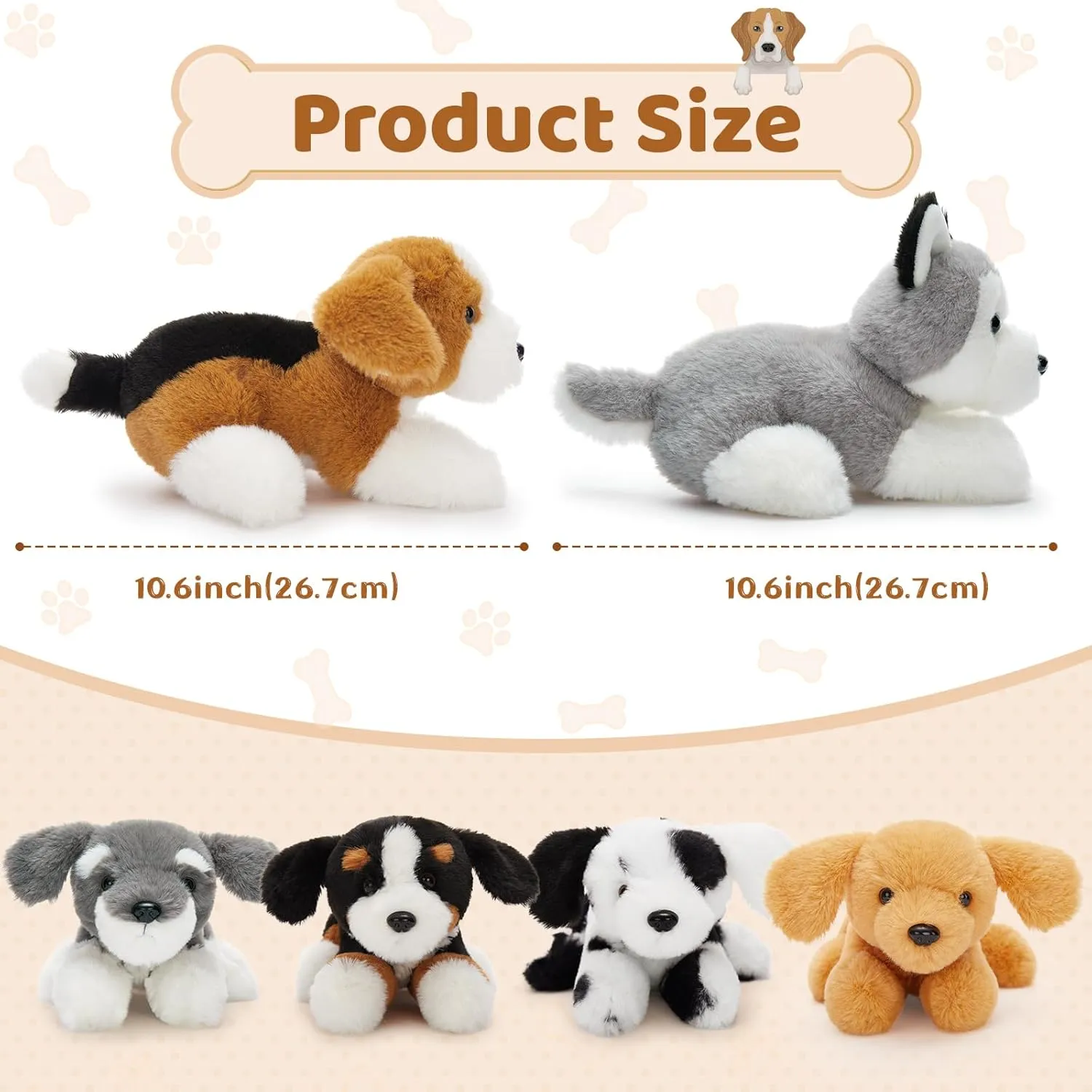 Tezituor 6Pcs Bulk Dog Stuffed Animals, Fluffy Assorted Stuffed Puppy Plush Toys for Kids, 11" Schnauzer,Husky, Bernese, Golden Retriever, Beagle,Spotted Dog Doll Set for Dog Themed Party Favors Gift