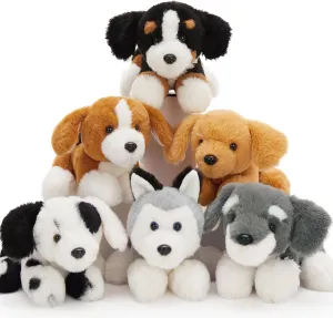 Tezituor 6Pcs Bulk Dog Stuffed Animals, Fluffy Assorted Stuffed Puppy Plush Toys for Kids, 11" Schnauzer,Husky, Bernese, Golden Retriever, Beagle,Spotted Dog Doll Set for Dog Themed Party Favors Gift