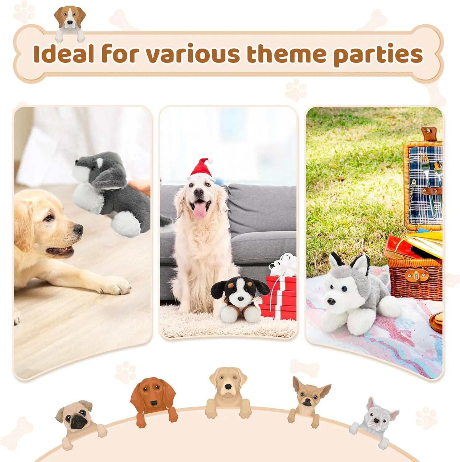 Tezituor 6Pcs Bulk Dog Stuffed Animals, Fluffy Assorted Stuffed Puppy Plush Toys for Kids, 11" Schnauzer,Husky, Bernese, Golden Retriever, Beagle,Spotted Dog Doll Set for Dog Themed Party Favors Gift