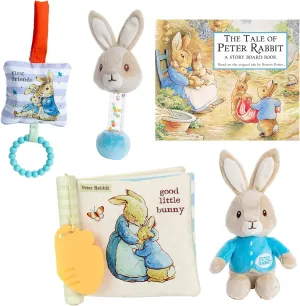 The Tale of Peter Rabbit Board Book, Beatrix Potter Peter Rabbit On the Go Developmental Soft Book, Bunny, Teether, Rattle and Gift Book Bag (A Classic Educational Gift Set of Touch Feel Crinkle Toys)
