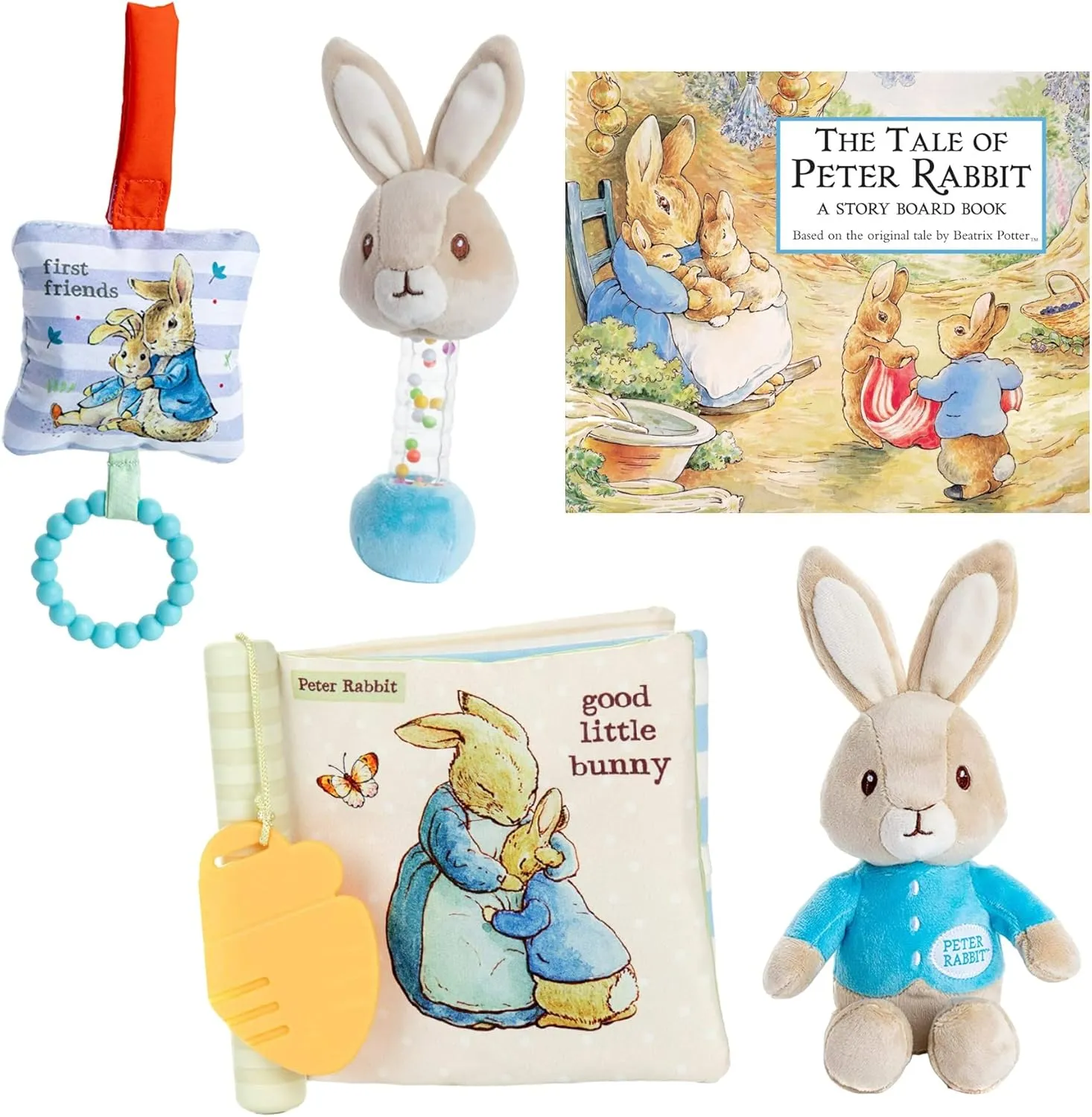 The Tale of Peter Rabbit Board Book, Beatrix Potter Peter Rabbit On the Go Developmental Soft Book, Bunny, Teether, Rattle and Gift Book Bag (A Classic Educational Gift Set of Touch Feel Crinkle Toys)