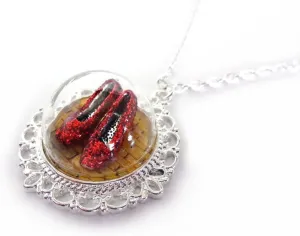 The Wonderful Oz Sparkly Ruby Red Slippers Yellow Brick Road Silver Victorian Necklace - Handmade Artisan Women's Adult Jewelry
