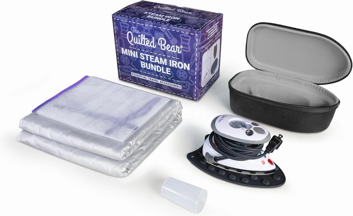 The Quilted Bear Mini Iron, Rest & Ironing Mat - Lightweight Mini Steam Iron with Hard Shell Travel Case, Heat Resistant Silicone Rest & Travel Ironing Mat (Black)