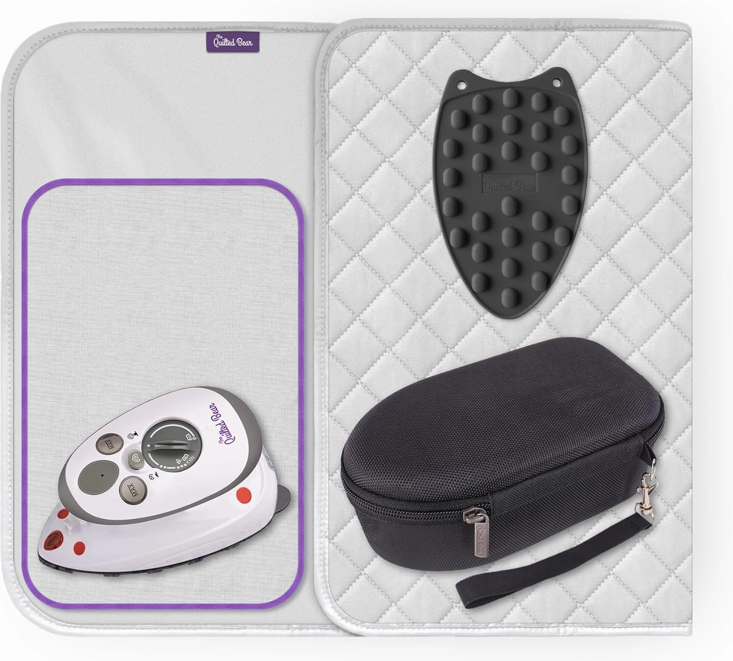 The Quilted Bear Mini Iron, Rest & Ironing Mat - Lightweight Mini Steam Iron with Hard Shell Travel Case, Heat Resistant Silicone Rest & Travel Ironing Mat (Black)