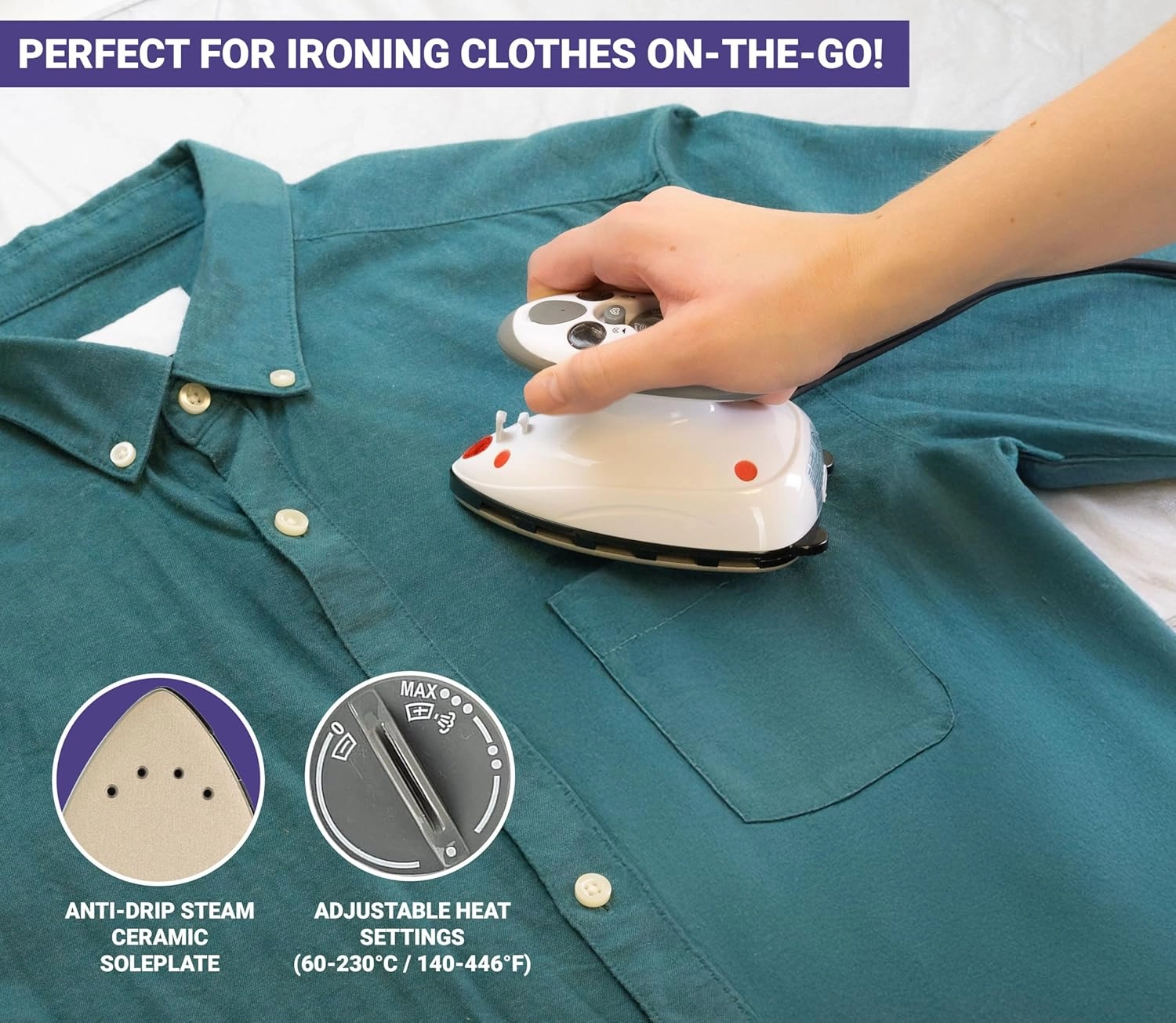 The Quilted Bear Mini Iron, Rest & Ironing Mat - Lightweight Mini Steam Iron with Hard Shell Travel Case, Heat Resistant Silicone Rest & Travel Ironing Mat (Black)