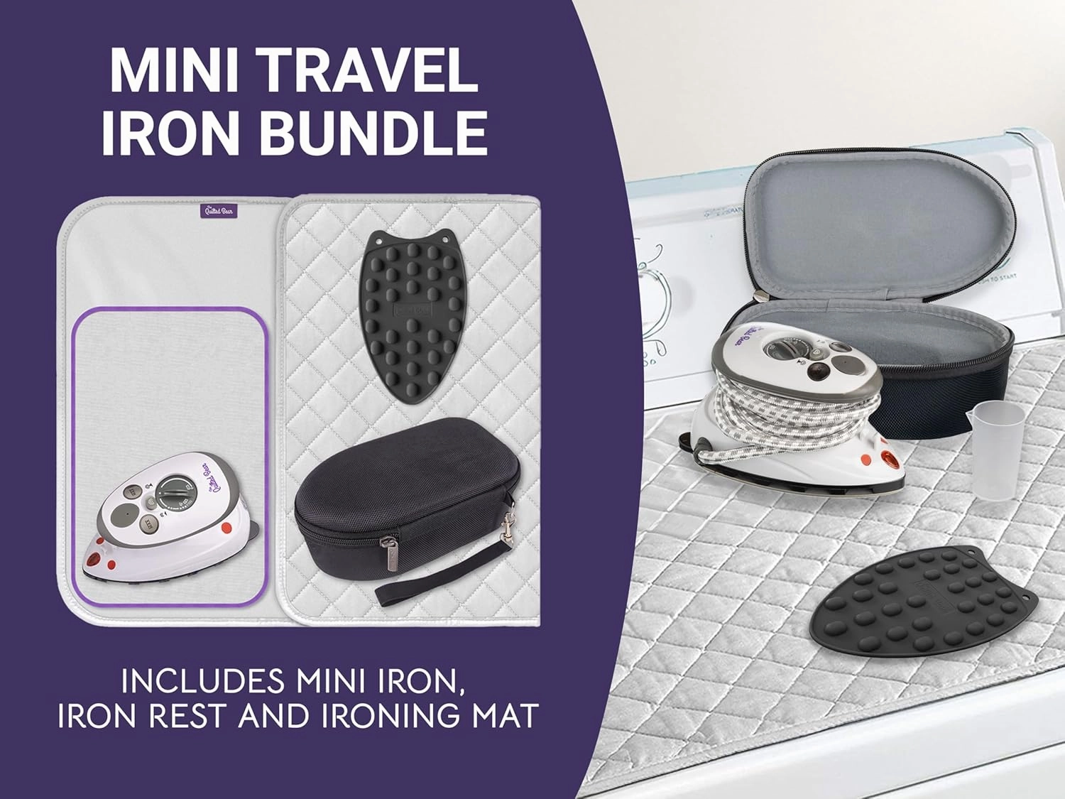 The Quilted Bear Mini Iron, Rest & Ironing Mat - Lightweight Mini Steam Iron with Hard Shell Travel Case, Heat Resistant Silicone Rest & Travel Ironing Mat (Black)