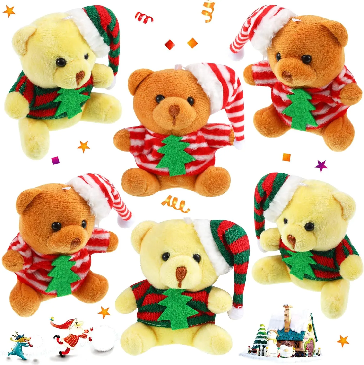 Threan 6 Pieces Christmas Mini Bear Toys 4 Inch Xmas Plush Bear Stuffed Animal Toys Doll Christmas Tree Decorations for Xmas Gift Birthday Wedding Bag Keychain Party Favors Supplies (Adorable Style)