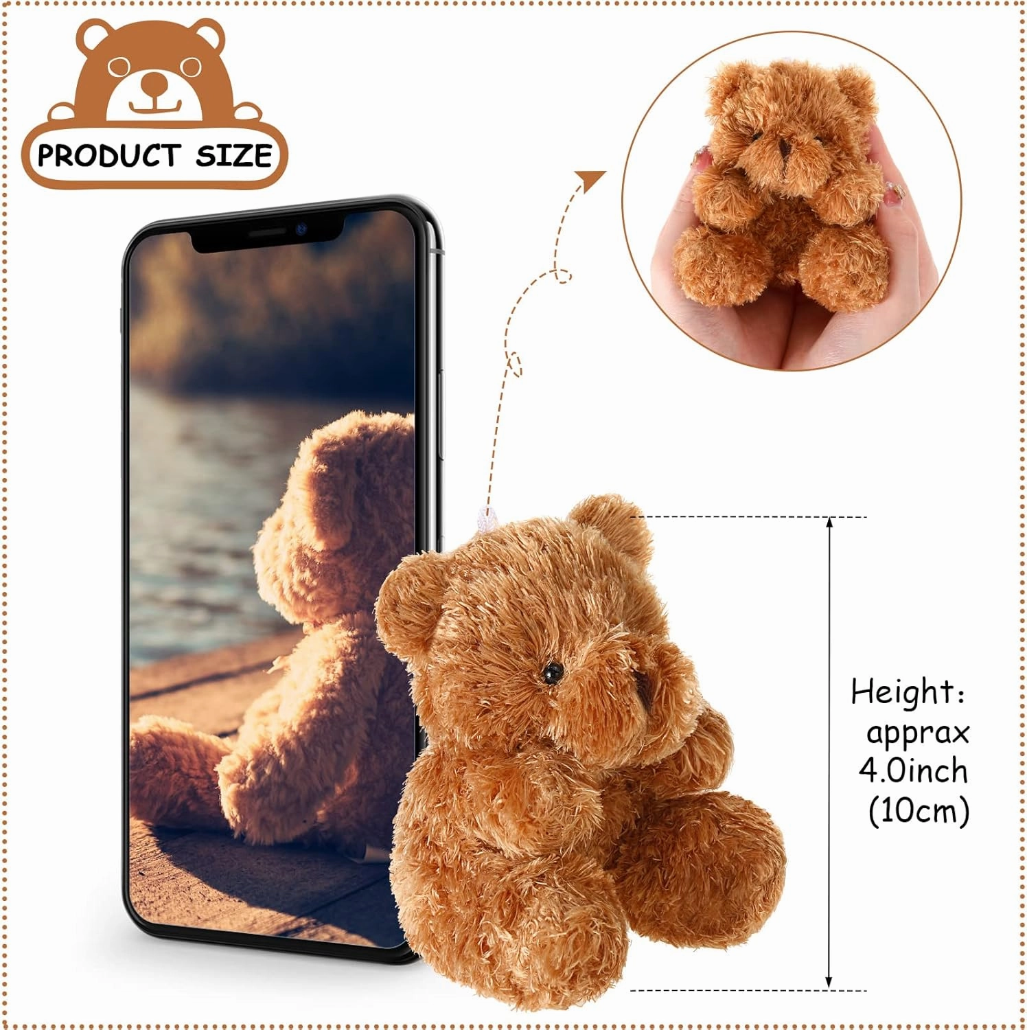 Threan 8 Pcs Mini Plush Bears 4'' Small Bear Bulk Stuffed Animal Toys Tiny Soft Bear Doll Present Stuffers for Keychain Baby Shower Party Favors Supplies(Brown)