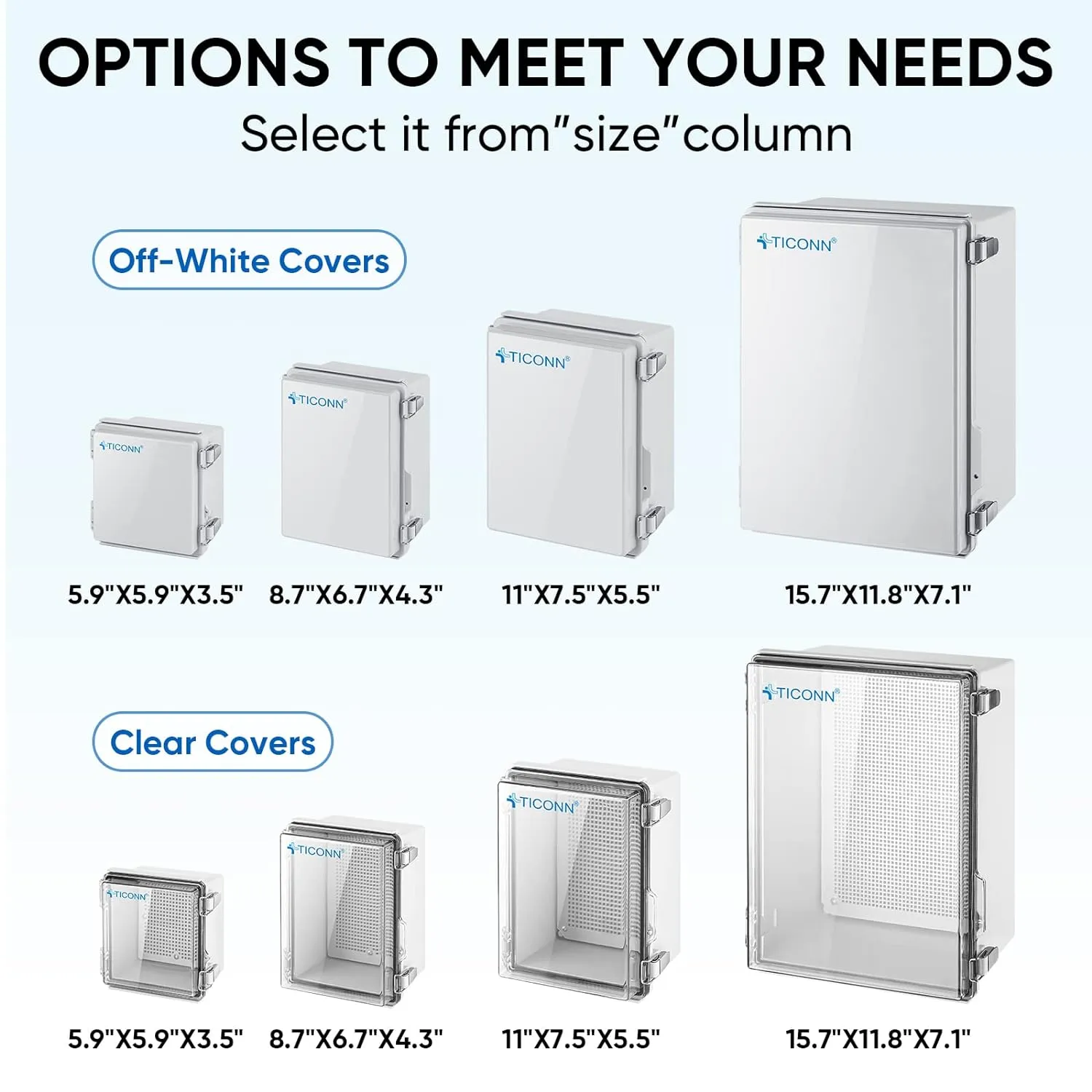 TICONN Waterproof Electrical Junction Box IP67 ABS Plastic Enclosure with Hinged Cover with Mounting Plate, Wall Brackets, Cable Glands (Clear, 8.7"x6.7"x4.3")