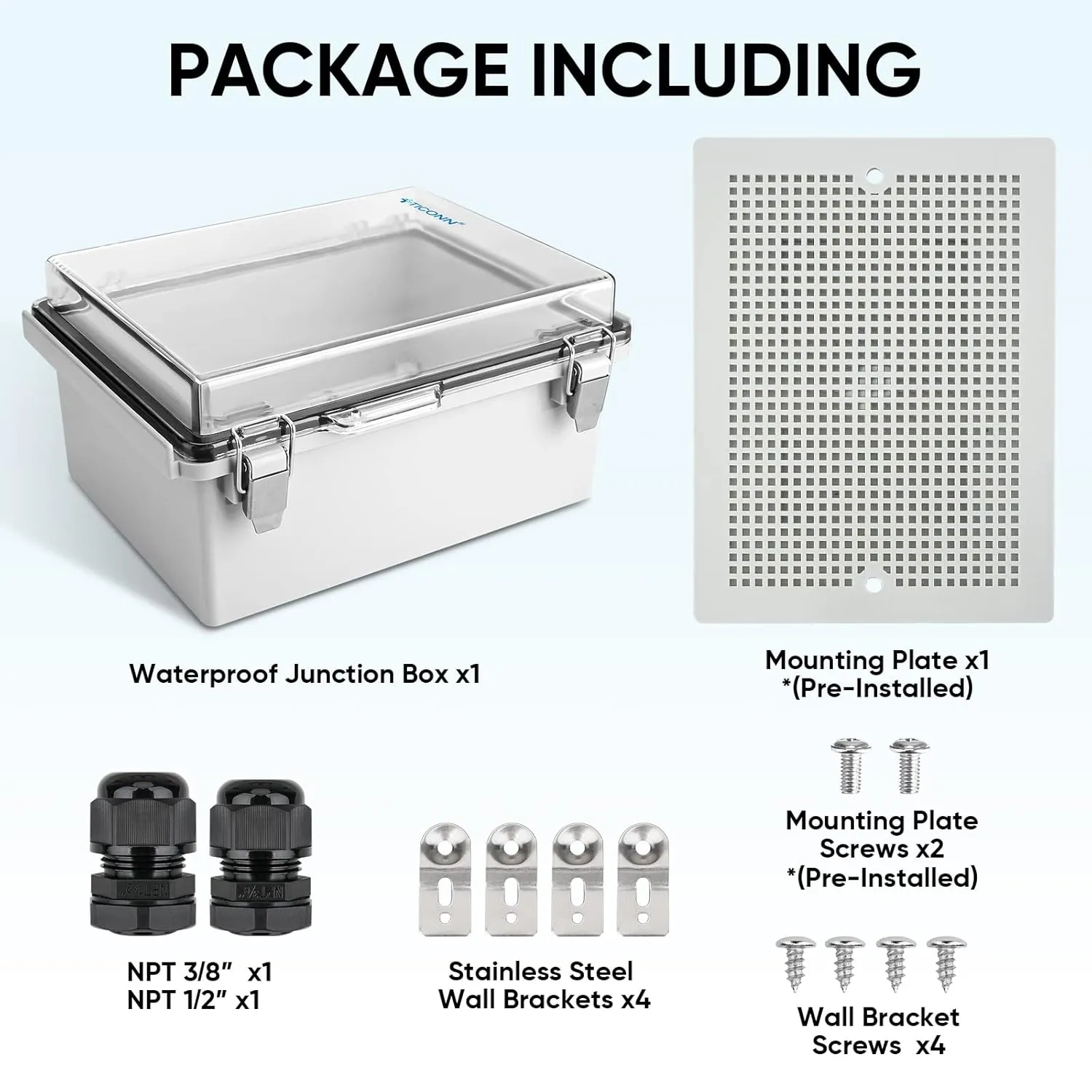 TICONN Waterproof Electrical Junction Box IP67 ABS Plastic Enclosure with Hinged Cover with Mounting Plate, Wall Brackets, Cable Glands (Clear, 8.7"x6.7"x4.3")