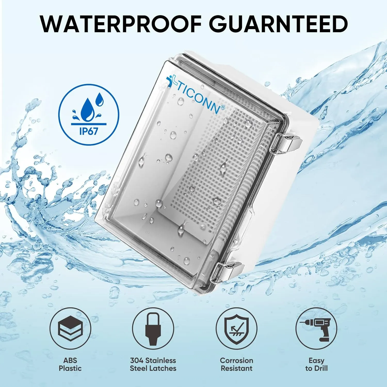 TICONN Waterproof Electrical Junction Box IP67 ABS Plastic Enclosure with Hinged Cover with Mounting Plate, Wall Brackets, Cable Glands (Clear, 8.7"x6.7"x4.3")