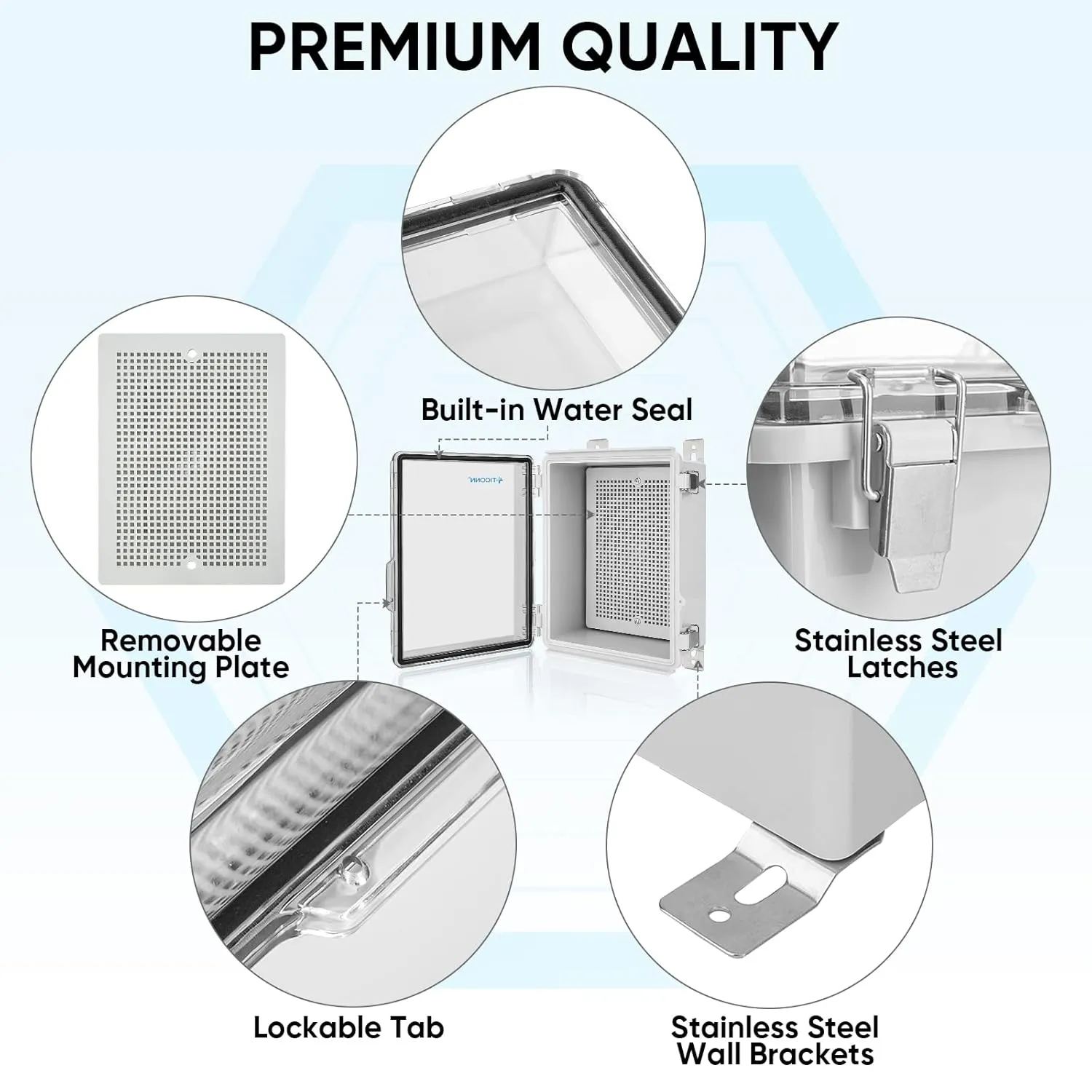 TICONN Waterproof Electrical Junction Box IP67 ABS Plastic Enclosure with Hinged Cover with Mounting Plate, Wall Brackets, Cable Glands (Clear, 8.7"x6.7"x4.3")