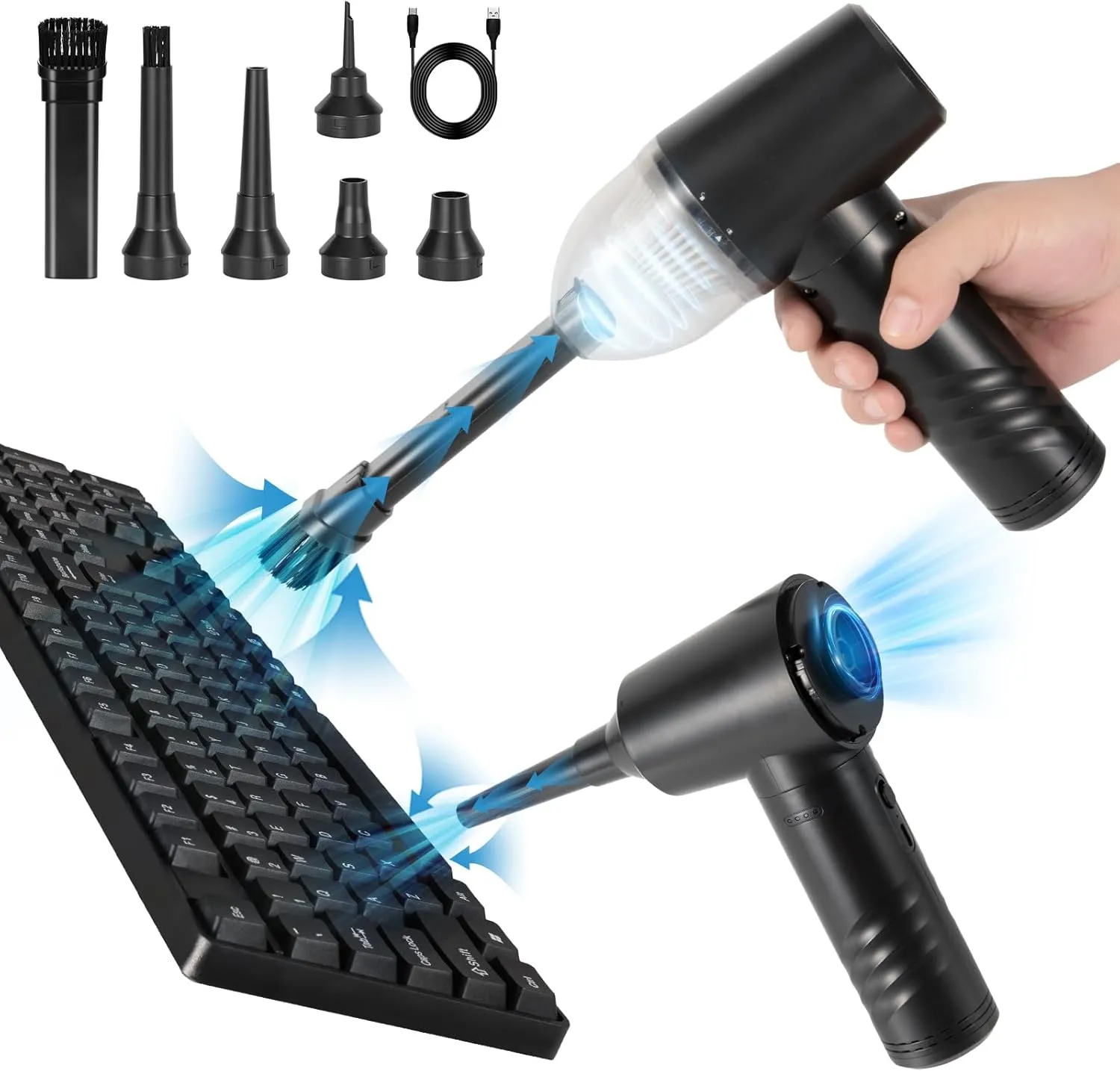TOBTOS 3 in 1 Compressed Air Duster and Vacuum Cleaner, Cordless Keyboard Cleaner, Rechargeable Air Blower for Car, Computer Keyboard, Laptop and Office Dust Cleaning
