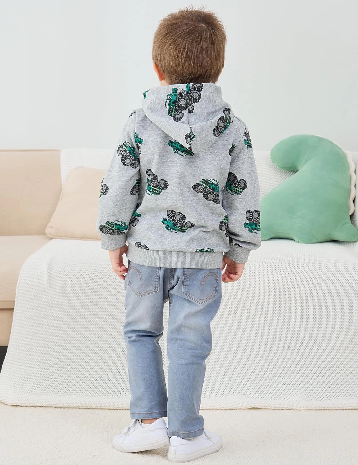 Toddler Boy Hoodie Sweatshirt - Pullover Dinosaur Long Sleeve Shirt Fire Truck Print Kids Winter Clothes 2T-7T