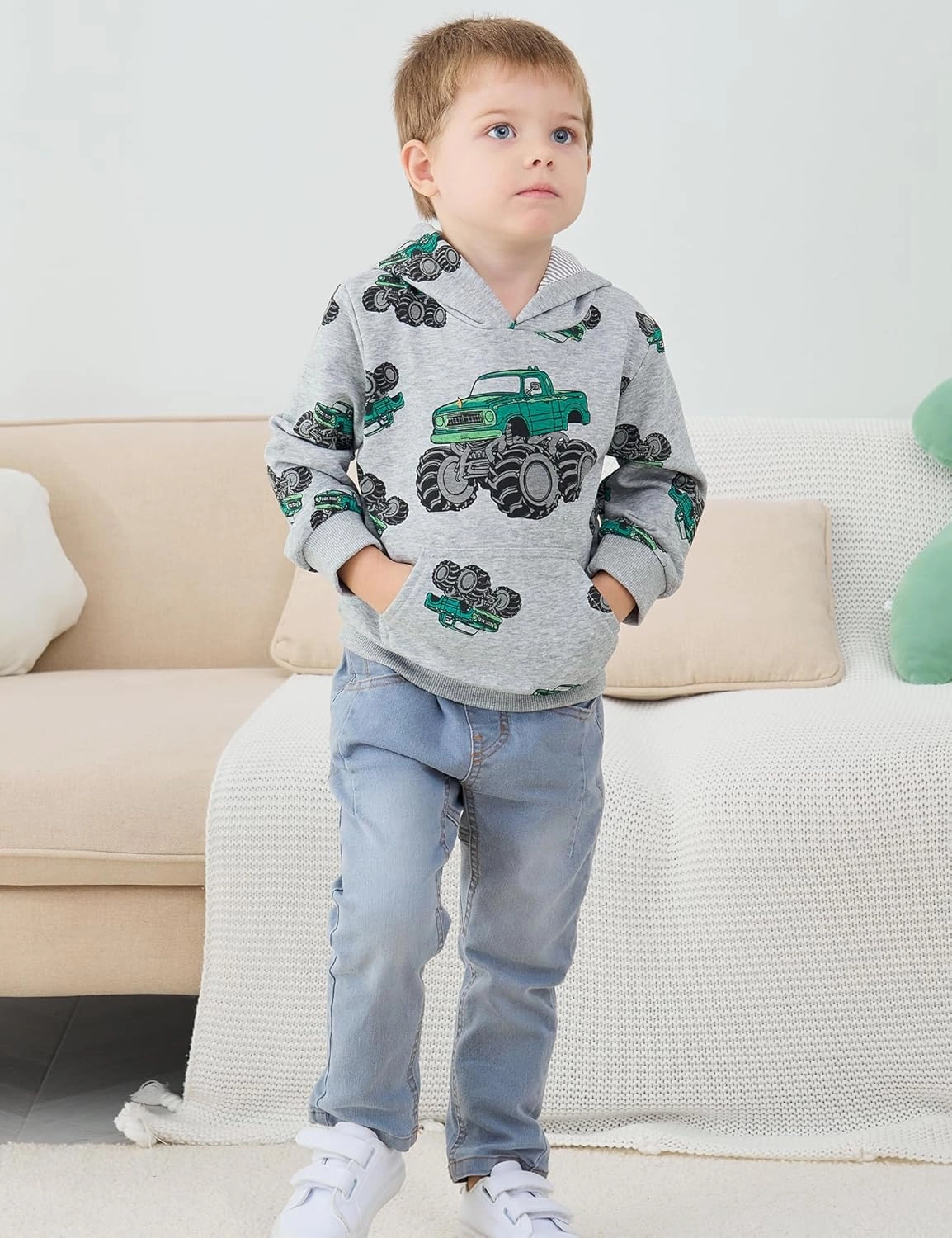 Toddler Boy Hoodie Sweatshirt - Pullover Dinosaur Long Sleeve Shirt Fire Truck Print Kids Winter Clothes 2T-7T