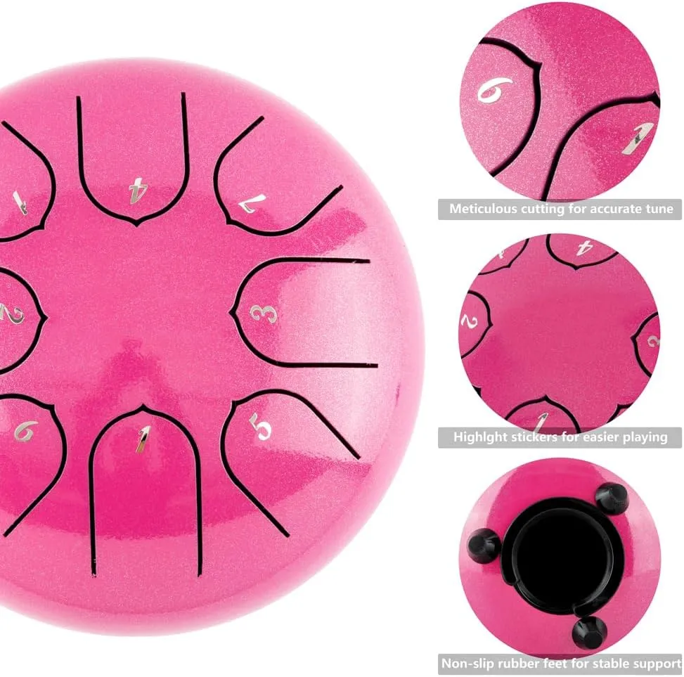 Tongue Drum 8 Notes 6 inches Musical Steel Drum Percussion Instrument with Drum Mallets Carry Bag Great Gift for Beginner Adult (pink)