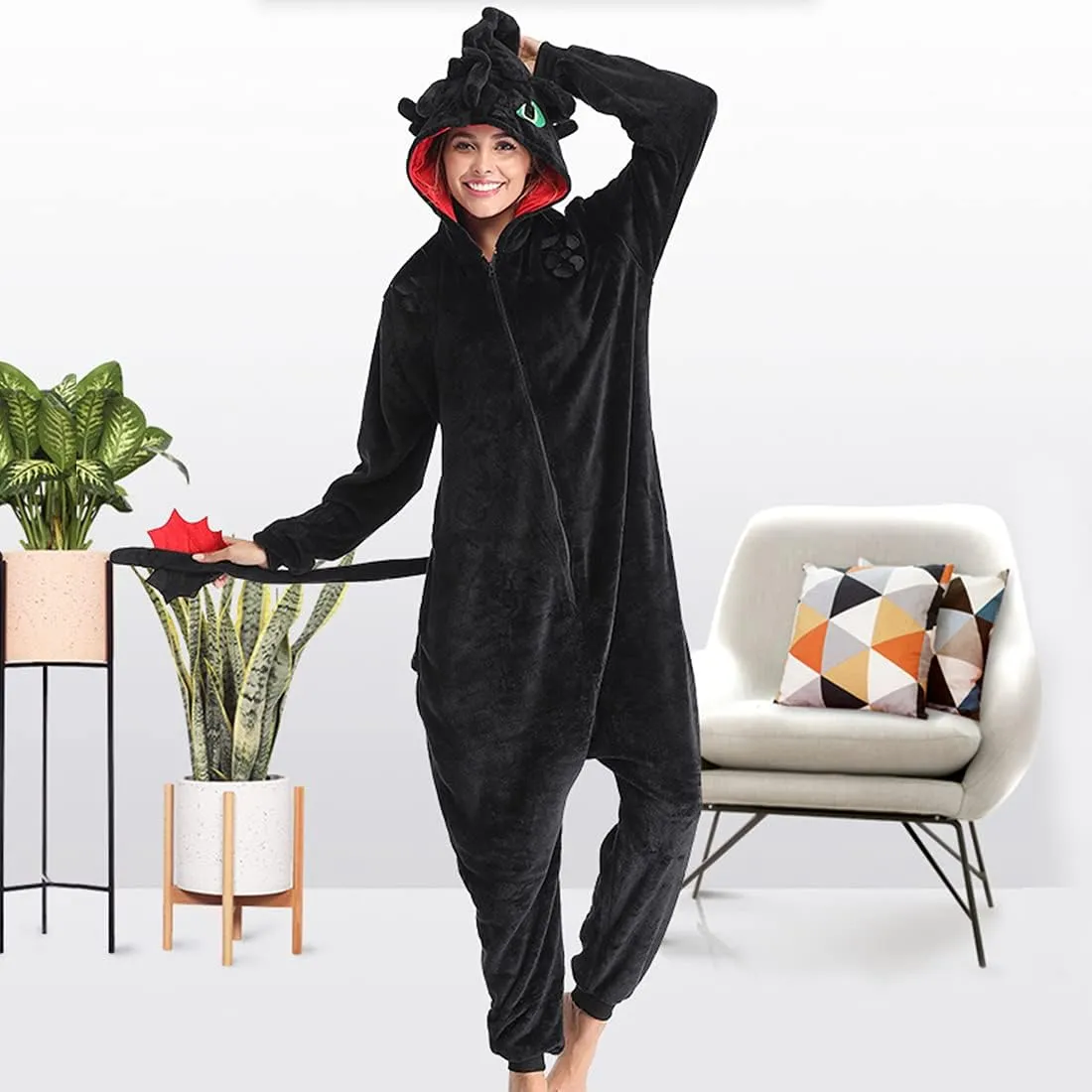 Toothless Onesie Adults Dragon Pajamas Flannel Animal Winter Sleepwear Halloween Cosplay Costume