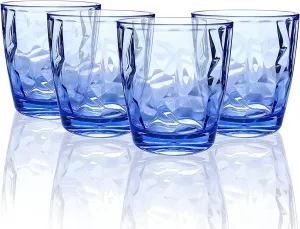 Topsky 10 oz Plastic Water Tumblers | Set of 4 Transparent Unbreakable Drinking Glasses Clear Acrylic Reusable Juice Wine Cups for Home Picnic Party, Dishwasher Safe, Stackable (Blue)