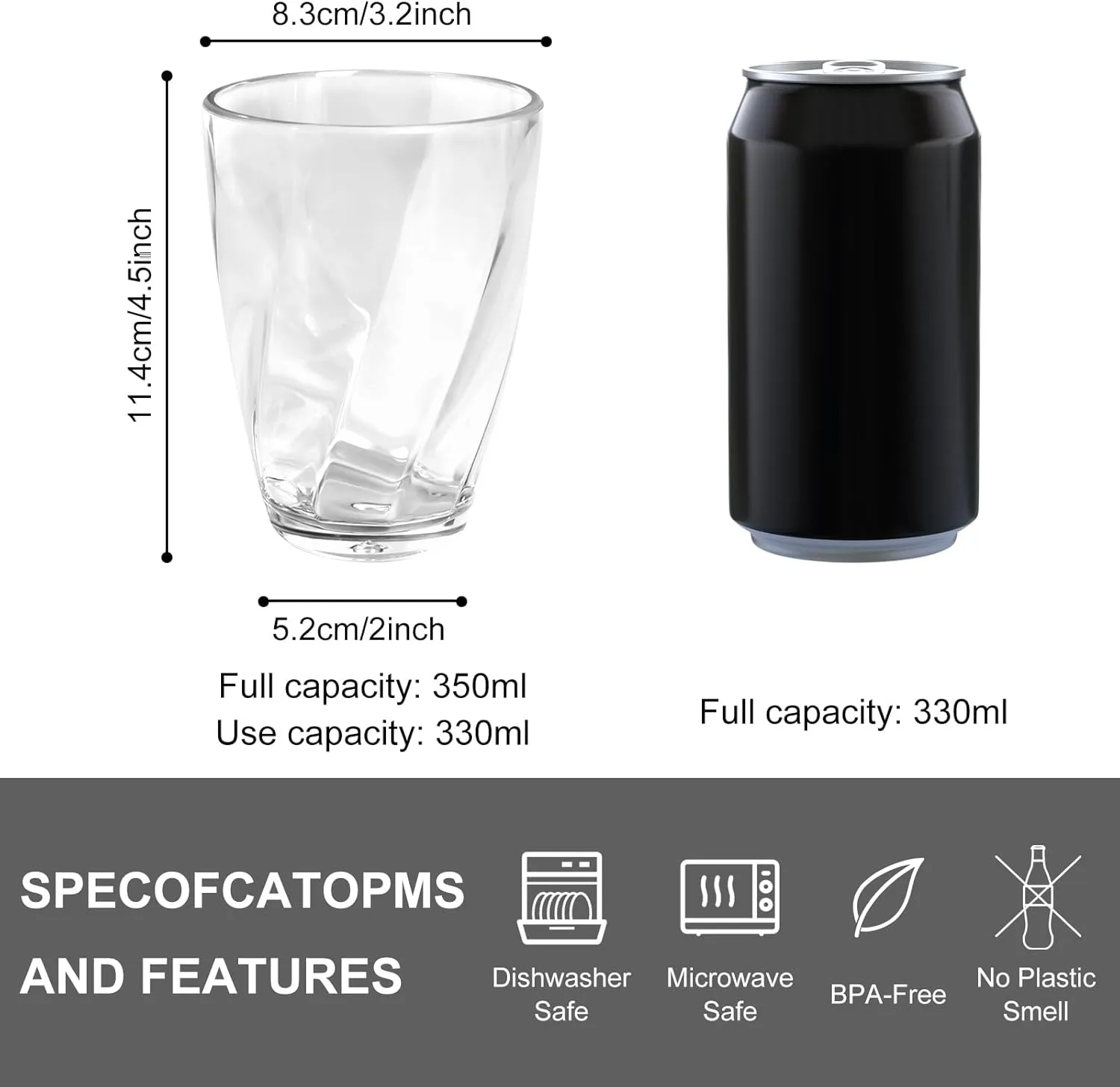 Topsky 12-ounce Plastic Water Tumblers | Set of 4 Transparent Unbreakable Drinking Glasses Clear Acrylic Reusable Juice Wine Cups for Home Picnic Party, Dishwasher Safe, Stackable