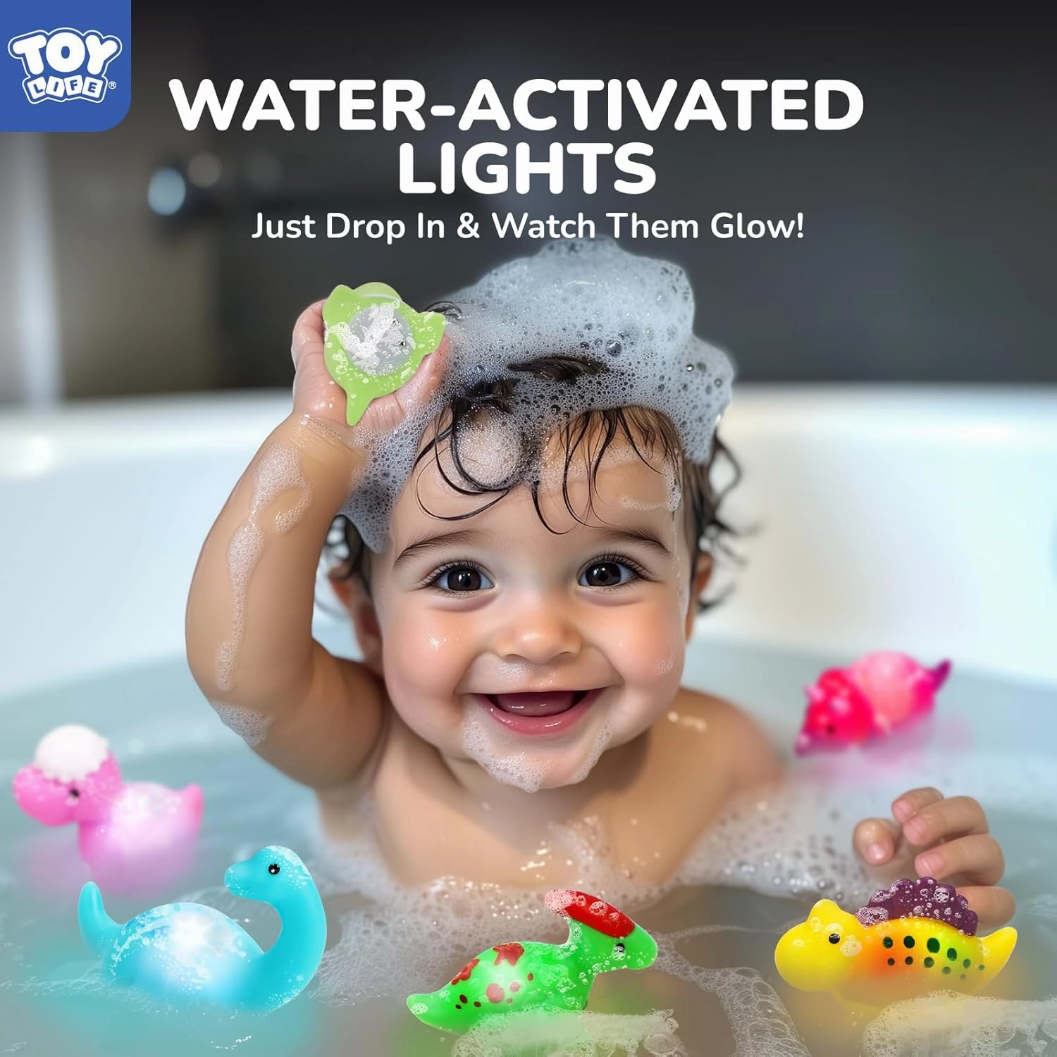 TOY Life 6 PC Dinosaur Light Up Bath Toys for Kids, Without Hole, Bath Toys for Kids Ages 4-8, Make Fun Bath-Time Gifts for Birthdays, Easter. Ideal for Use in The Shower, Bathtub, or Swimming Pool.