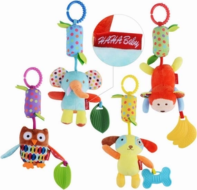 Toys for 0 3 6 9 to 12 Months, Soft Hanging Crinkle Squeaky Sensory Learning Toy Infant Newborn Stroller Car Seat Crib Travel Activity Plush Animal Wind Chime with Teether for Boys Girls