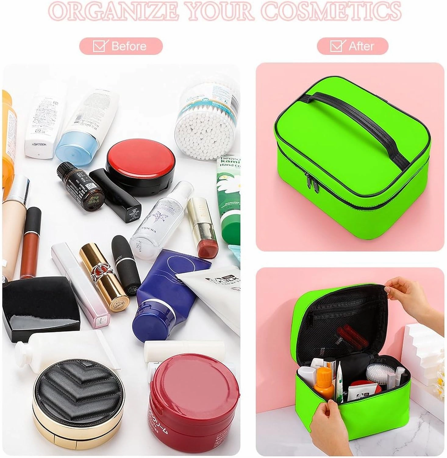 Travel Makeup Bag, Bright Green (Solid Color) Cosmetic Bags for Women Large Capacity Waterproof Toiletry Bag Make up Organizer