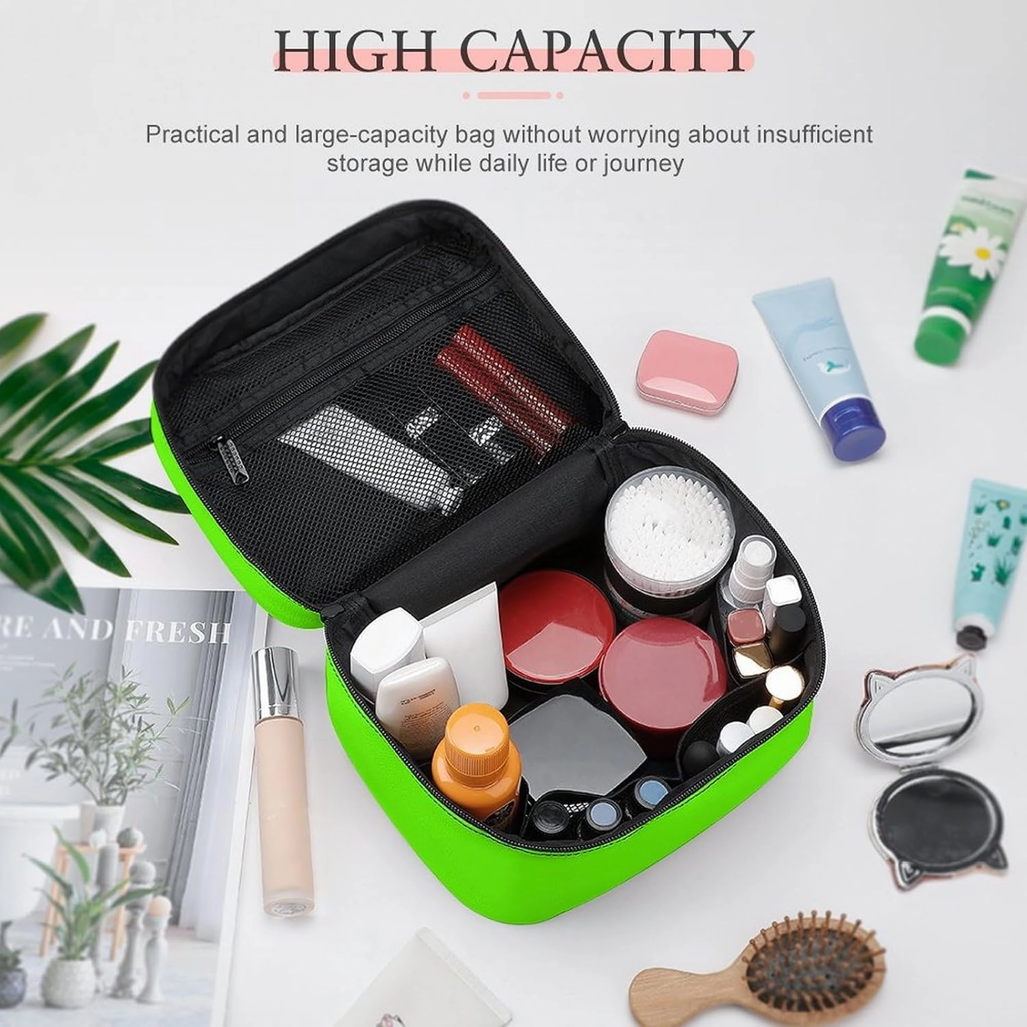 Travel Makeup Bag, Bright Green (Solid Color) Cosmetic Bags for Women Large Capacity Waterproof Toiletry Bag Make up Organizer