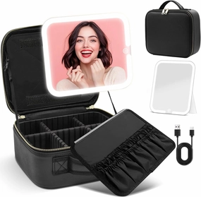 Travel Makeup Bag with LED Mirror, Cosmetic Makeup Organizer Bag with 3-Color Lighting, Adjustable Brightness, and Removable Dividers, Waterproof Makeup Case (Black)