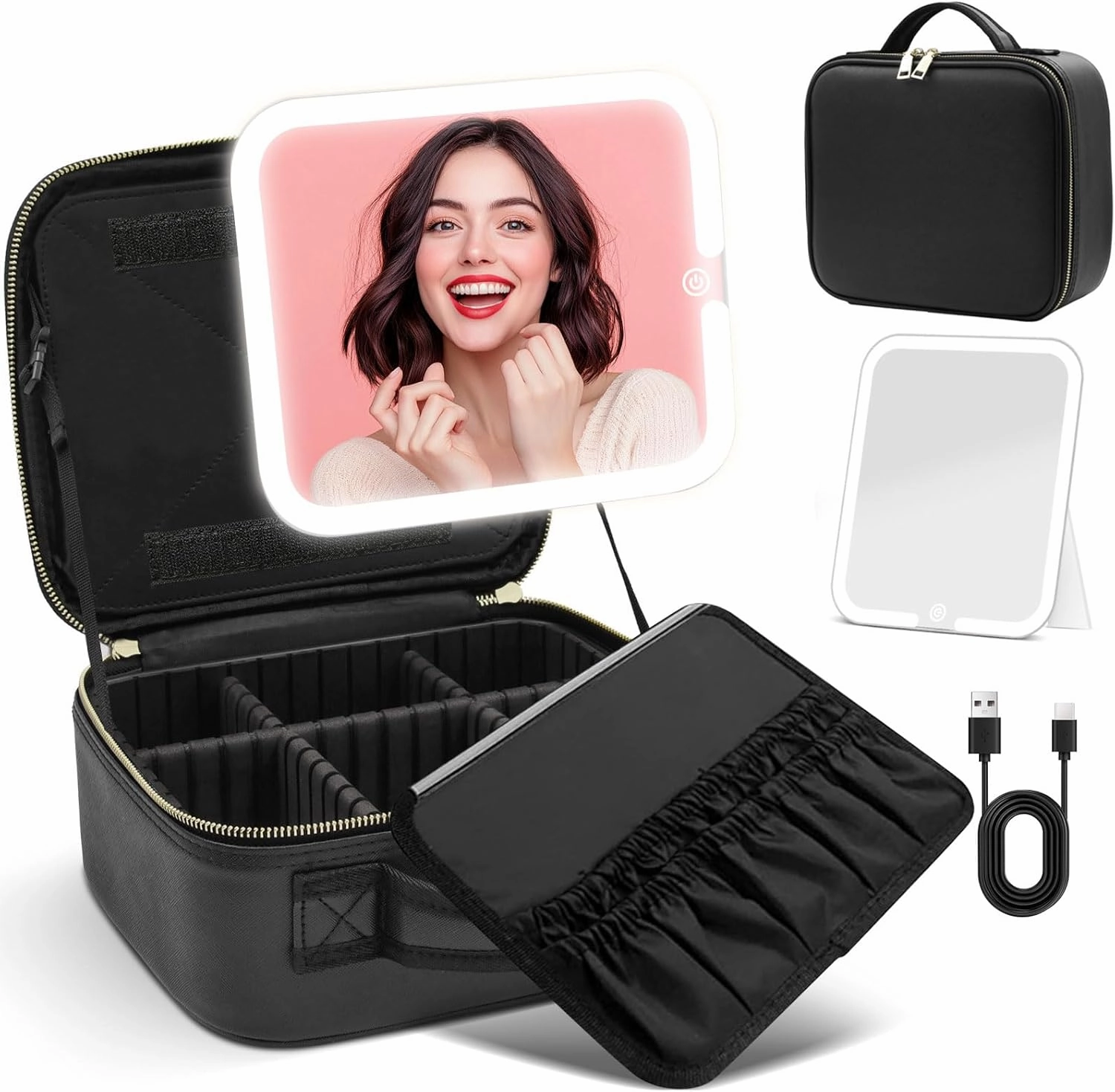 Travel Makeup Bag with LED Mirror, Cosmetic Makeup Organizer Bag with 3-Color Lighting, Adjustable Brightness, and Removable Dividers, Waterproof Makeup Case (Black)