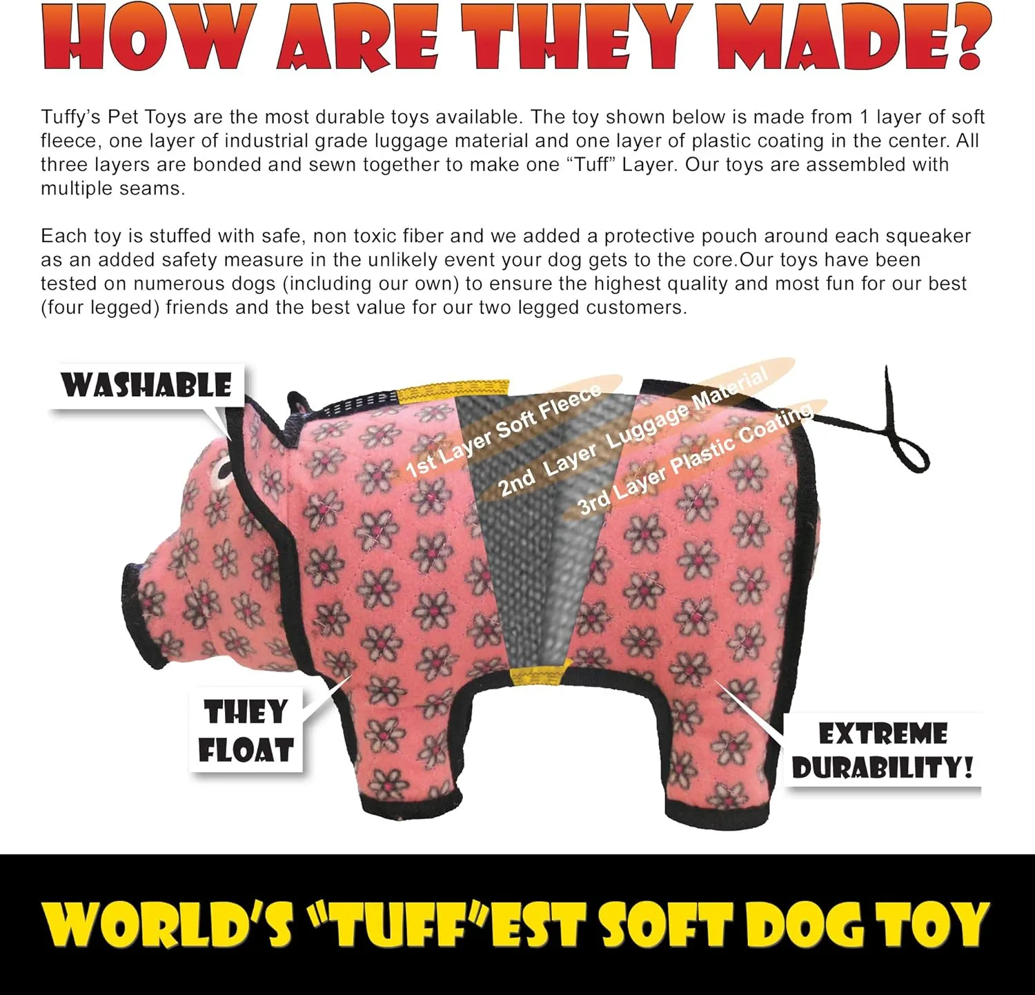 TUFFY - World's Tuffest Soft Dog Toy - MEGA Ring - Squeakers -Multiple Layers. Made Durable, Strong & Tough. Interactive Play (Tug, Toss & Fetch). Machine Washable & Floats. (Junior, Tiger)