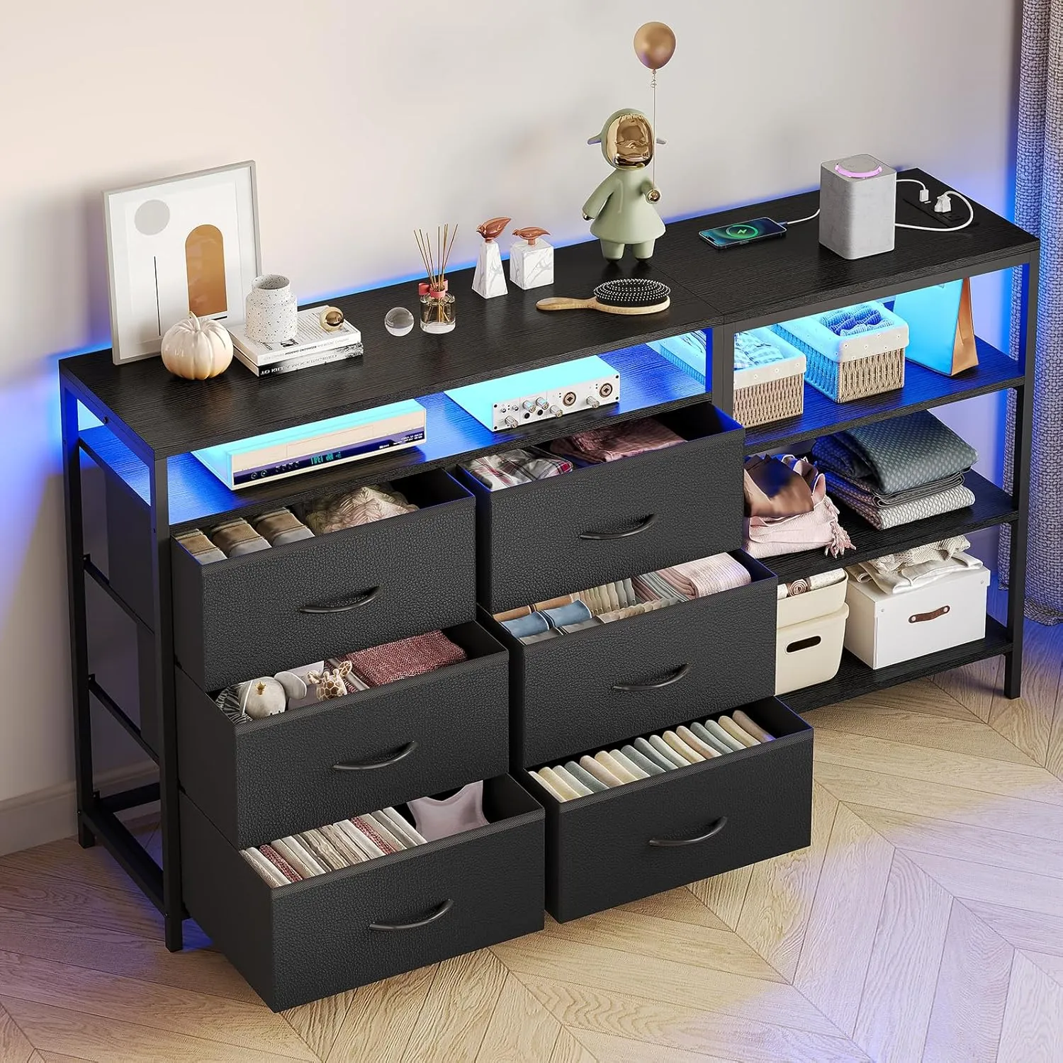 TV Stand Dresser Bedroom for 60 Inch TV with LED Lights & Charging Station, Changable L Shape Corner TV Stand, 6 PU Drawers, 3 Open Shelves Entertainment Center (Black)