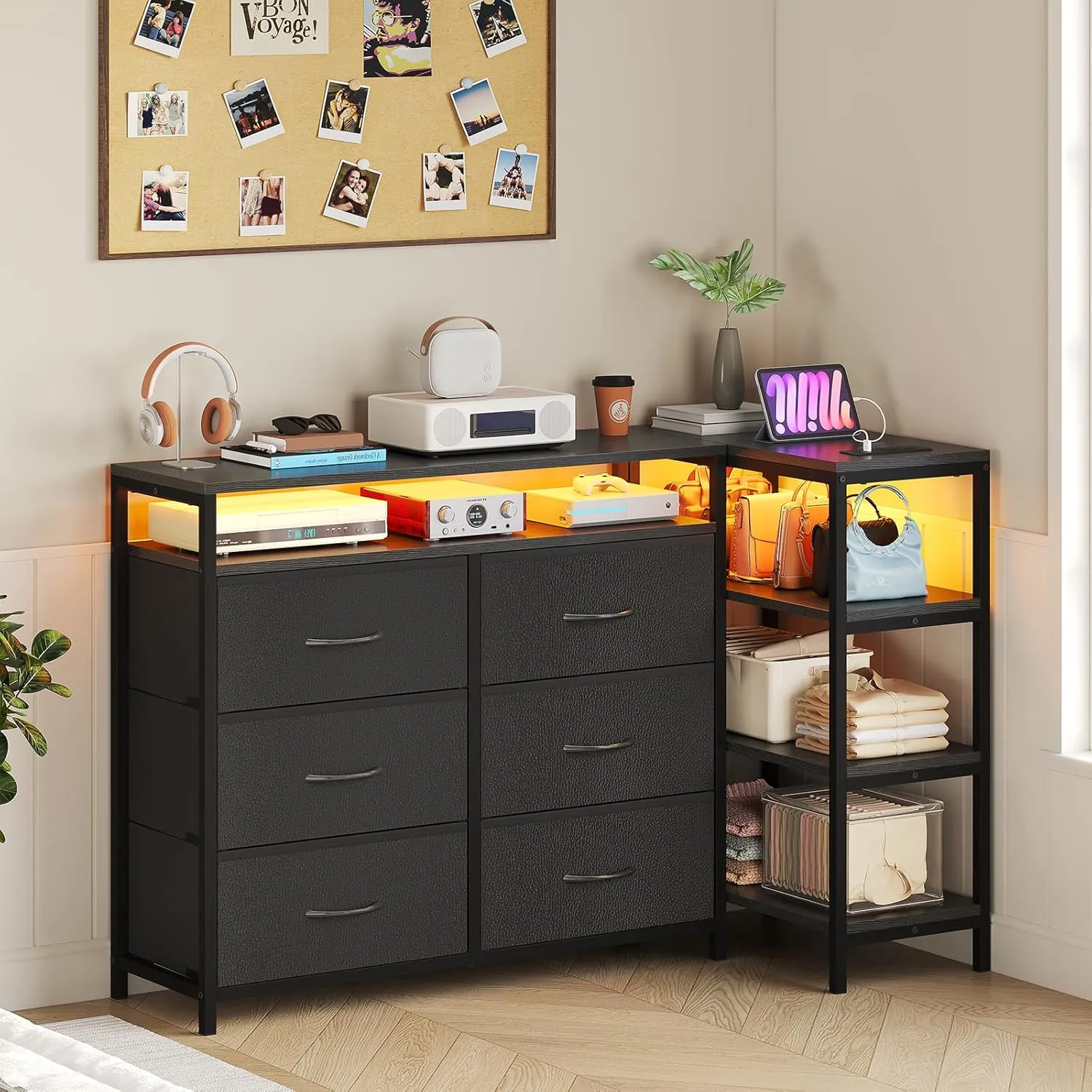 TV Stand Dresser Bedroom for 60 Inch TV with LED Lights & Charging Station, Changable L Shape Corner TV Stand, 6 PU Drawers, 3 Open Shelves Entertainment Center (Black)